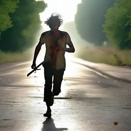 A man running along the side of a road in summer, carrying a machete with blood on it