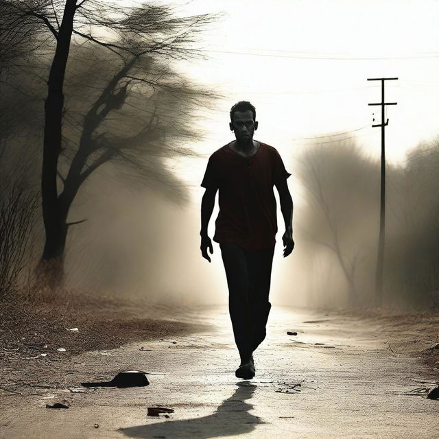 A man running along the side of a road in summer, carrying a machete with blood on it