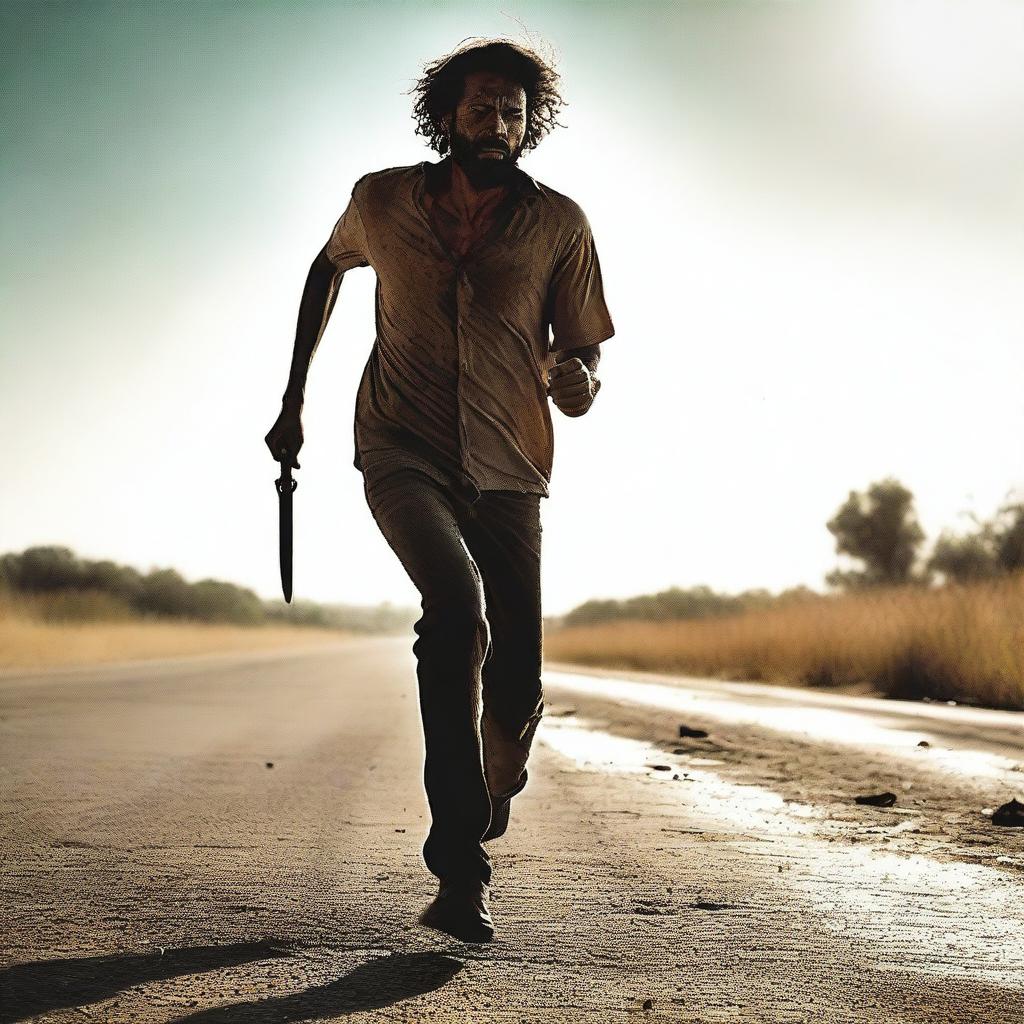 A man running along the side of a road in summer, carrying a machete with blood on it