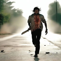 A man running along the side of a road in summer, carrying a machete with blood on it