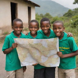 A group of 9-10 year old boys in a picturesque Jamaican village, venturing out on an exciting adventure with a tightly held map.