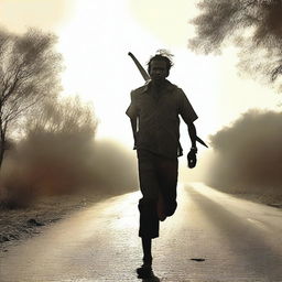 A man running along the side of a road in summer, carrying a machete with blood on it