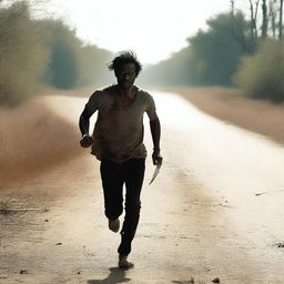 A man running along the side of a road in summer, carrying a machete with blood on it