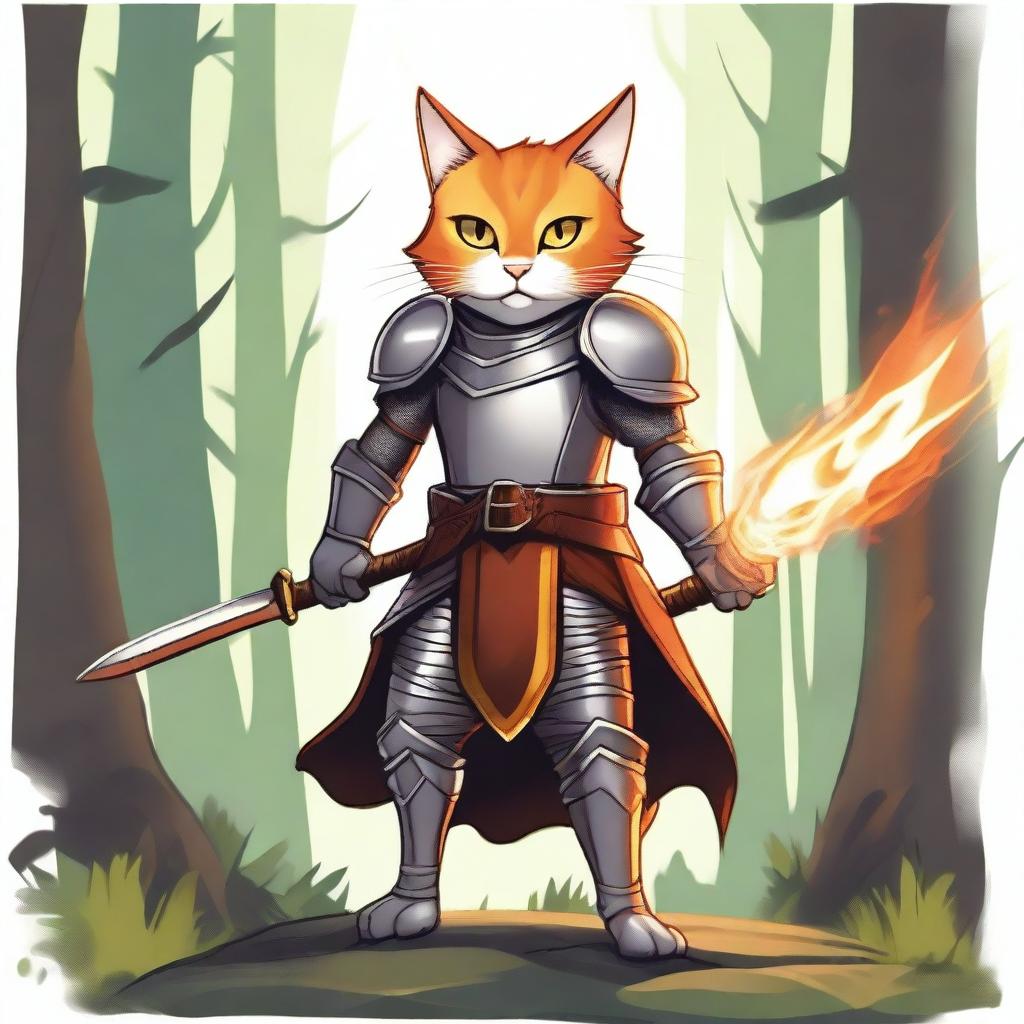 An anthropomorphic cat wielding a flaming sword, standing in a heroic pose