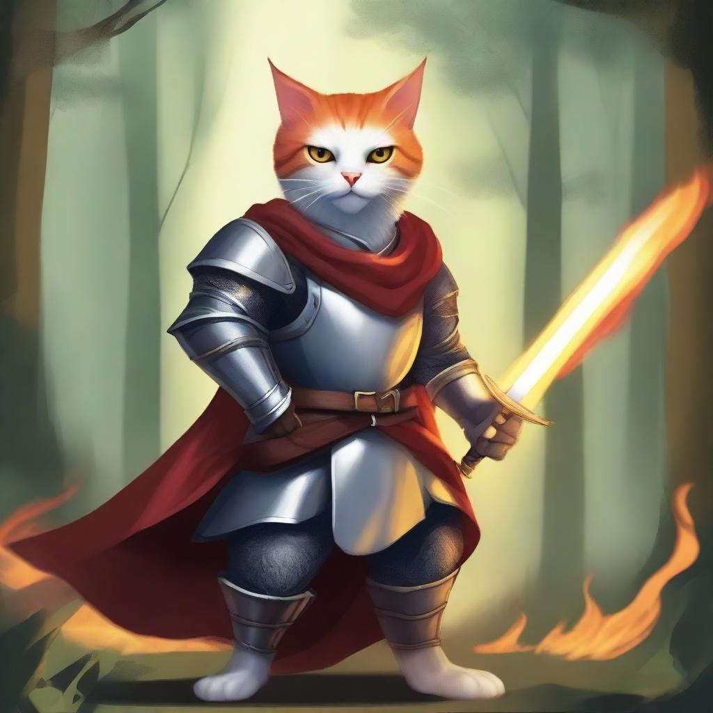 An anthropomorphic cat wielding a flaming sword, standing in a heroic pose