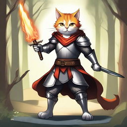 An anthropomorphic cat wielding a flaming sword, standing in a heroic pose