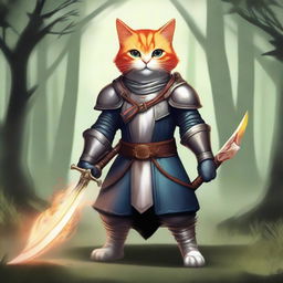 An anthropomorphic cat wielding a flaming sword, standing in a heroic pose