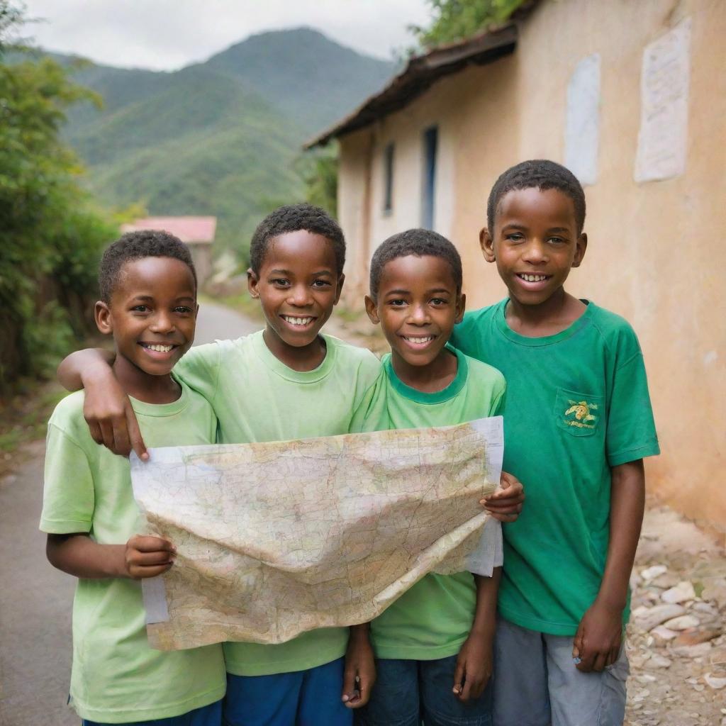 A group of 9-10 year old boys in a picturesque Jamaican village, venturing out on an exciting adventure with a tightly held map.