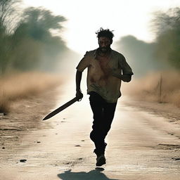 A man running along the side of a road in summer, carrying a machete with blood on it