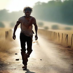 A man running along the side of a road in summer, carrying a machete with blood on it