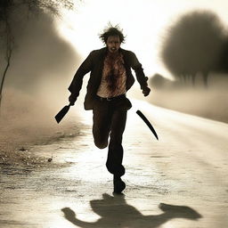 A man running along the side of a road in summer, carrying a machete with blood on it