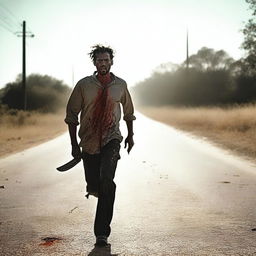 A man running along the side of a road in summer, carrying a machete with blood on it