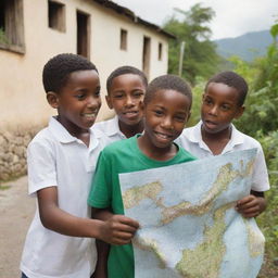 A group of 9-10 year old boys in a picturesque Jamaican village, venturing out on an exciting adventure with a tightly held map.