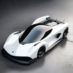 A modern supercar inspired by 90s Group C racecars and prototype Le Mans vehicles, featuring a sleek white color and a long tail design