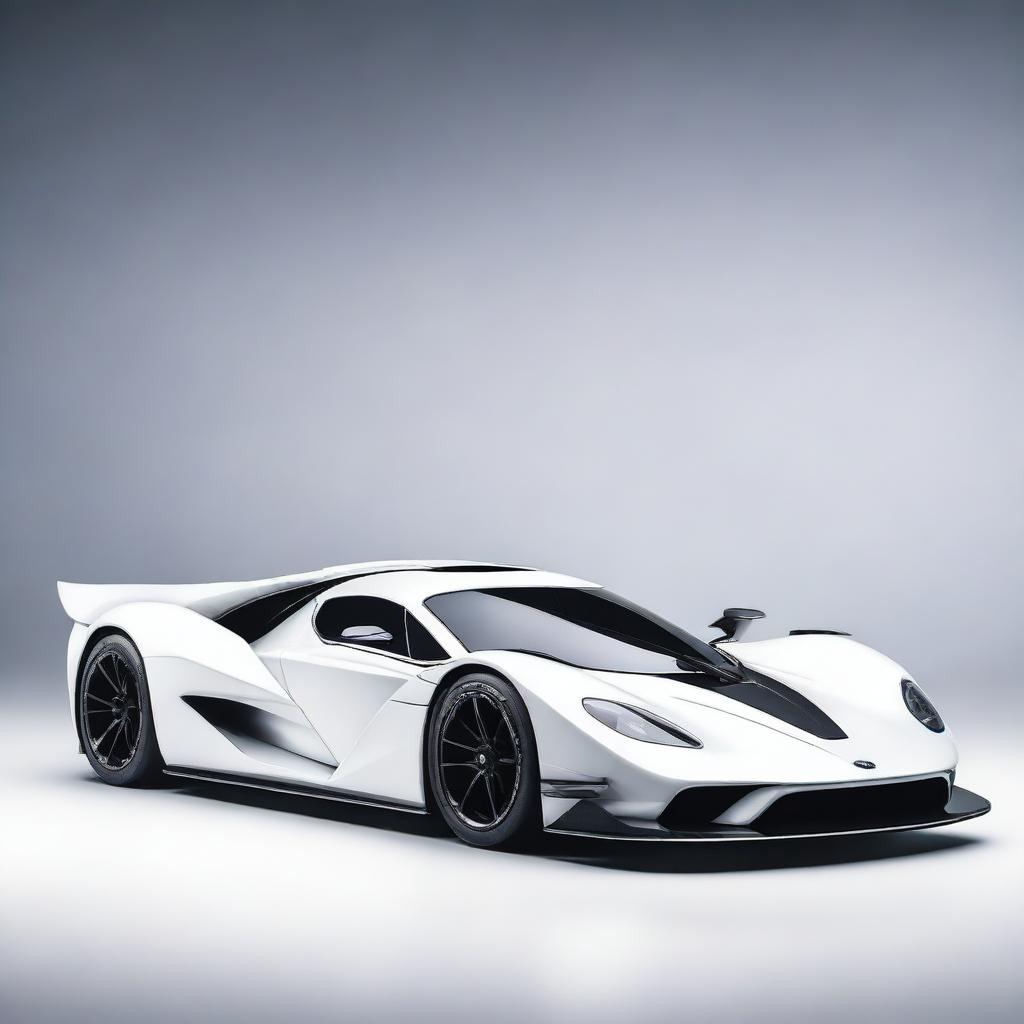 A modern supercar inspired by 90s Group C racecars and prototype Le Mans vehicles, featuring a sleek white color and a long tail design