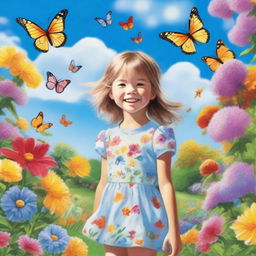 A detailed and vibrant image of a young girl with a joyful expression, standing in a beautiful garden filled with colorful flowers and butterflies, under a bright blue sky with fluffy clouds