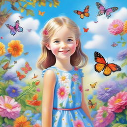 A detailed and vibrant image of a young girl with a joyful expression, standing in a beautiful garden filled with colorful flowers and butterflies, under a bright blue sky with fluffy clouds