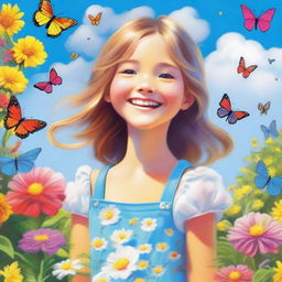 A detailed and vibrant image of a young girl with a joyful expression, standing in a beautiful garden filled with colorful flowers and butterflies, under a bright blue sky with fluffy clouds