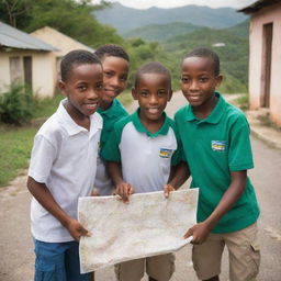 A group of 9-10 year old boys in a picturesque Jamaican village, venturing out on an exciting adventure with a tightly held map.