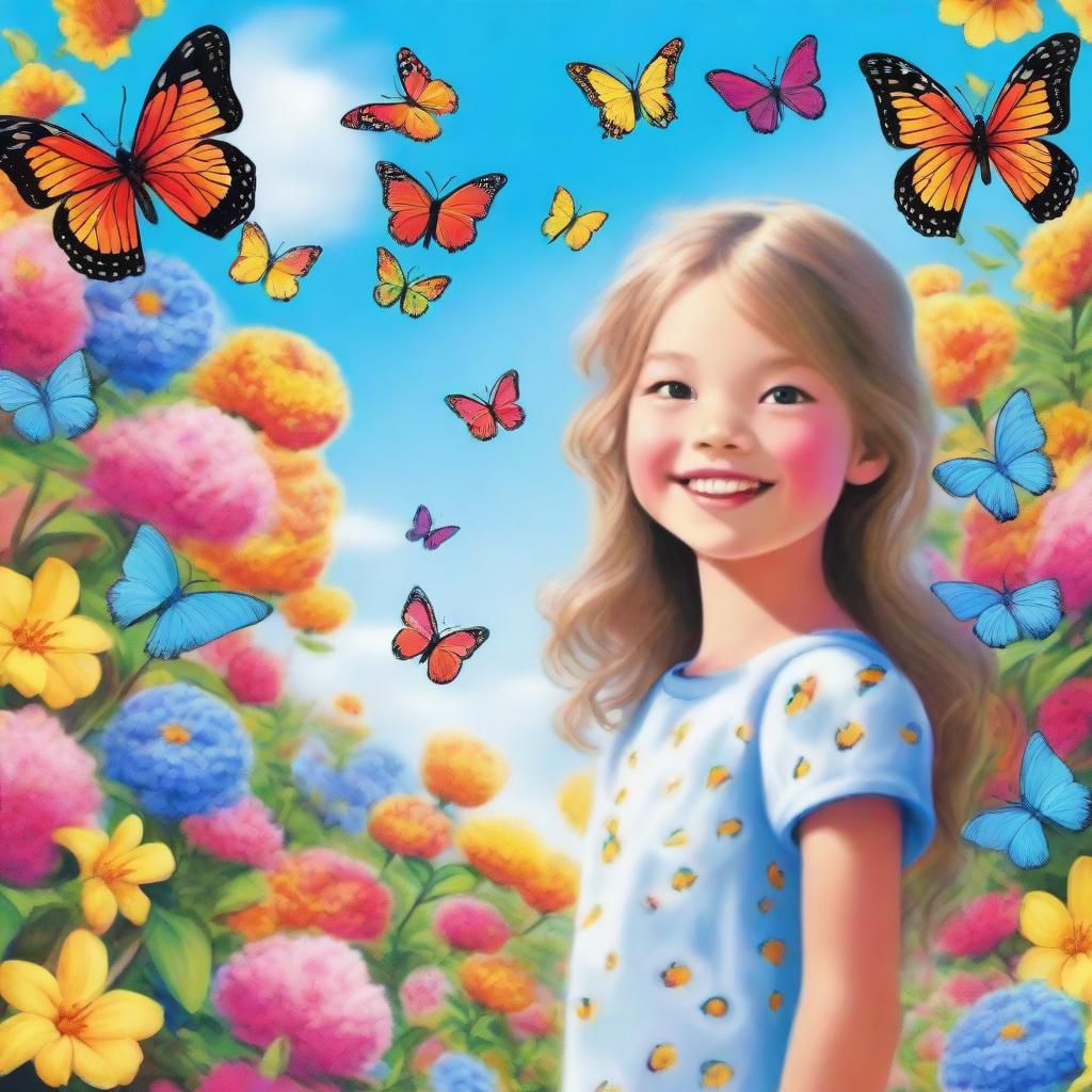 A detailed and vibrant image of a young girl with a joyful expression, standing in a beautiful garden filled with colorful flowers and butterflies, under a bright blue sky with fluffy clouds