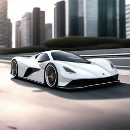 A modern supercar inspired by 90s Group C racecars and prototype Le Mans vehicles, featuring a sleek white color and a long tail design