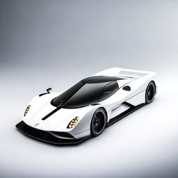 A modern supercar inspired by 90s Group C racecars and prototype Le Mans vehicles, featuring a sleek white color and a long tail design