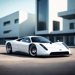 A modern supercar inspired by 90s Group C racecars and prototype Le Mans vehicles, featuring a sleek white color and a long tail design