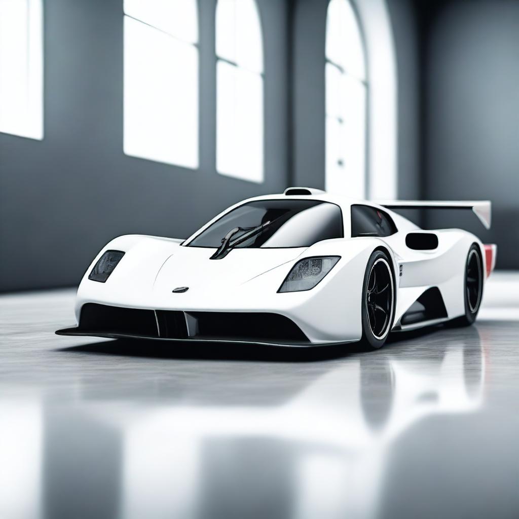 A modern supercar inspired by 90s Group C racecars and prototype Le Mans vehicles, featuring a sleek white color and a long tail design