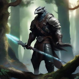 A dragonborn warrior wielding a longsword and accompanied by a falcon