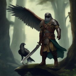 A dragonborn warrior wielding a longsword and accompanied by a falcon