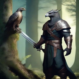 A dragonborn warrior wielding a longsword and accompanied by a falcon