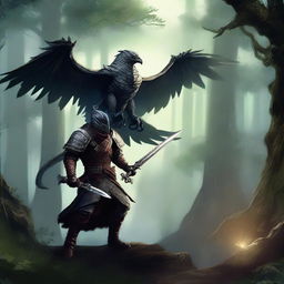 A dragonborn warrior wielding a longsword and accompanied by a falcon