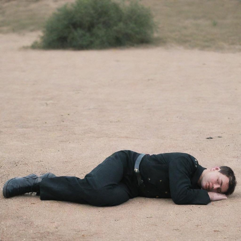 A military soldier, fully dressed in a black outfit, peacefully sleeping, sprawled out full length on the ground.