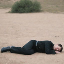 A military soldier, fully dressed in a black outfit, peacefully sleeping, sprawled out full length on the ground.