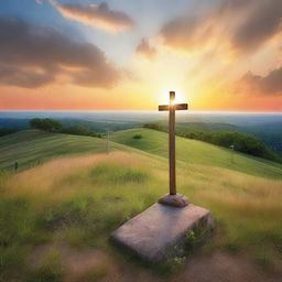 A serene landscape featuring three crosses on a hilltop, with a beautiful sunset in the background