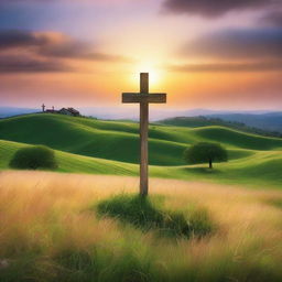 A serene landscape featuring three crosses on a hilltop, with a beautiful sunset in the background