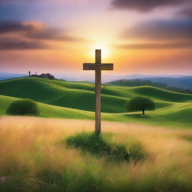 A serene landscape featuring three crosses on a hilltop, with a beautiful sunset in the background