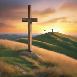 A serene landscape featuring three crosses on a hilltop, with a beautiful sunset in the background