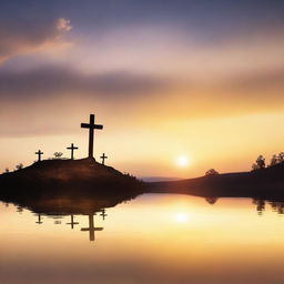 A serene landscape featuring three crosses on a hilltop, with a beautiful sunset in the background