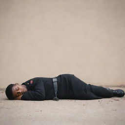 A military soldier, fully dressed in a black outfit, peacefully sleeping, sprawled out full length on the ground.