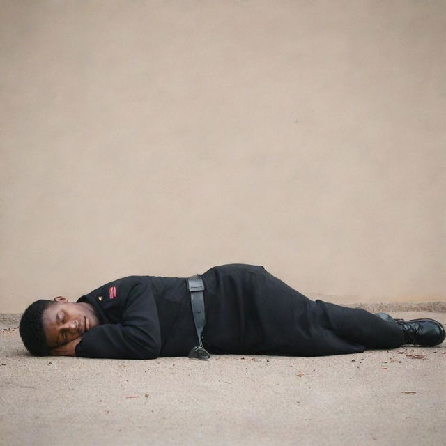 A military soldier, fully dressed in a black outfit, peacefully sleeping, sprawled out full length on the ground.