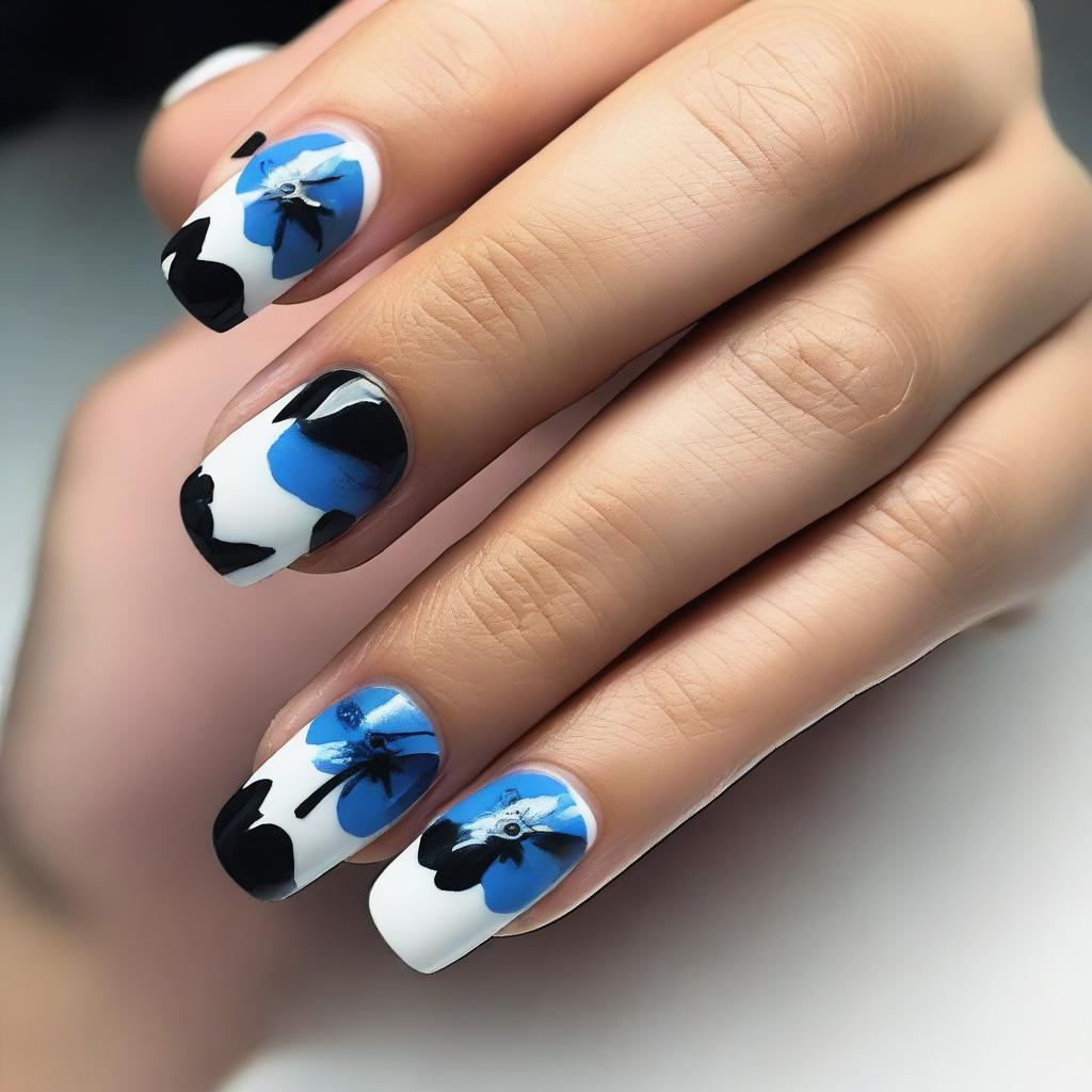 Create a nail design featuring black rhinestones and blue flowers on a white background