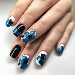 Create a nail design featuring black rhinestones and blue flowers on a white background