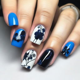 Create a nail design featuring black rhinestones and blue flowers on a white background