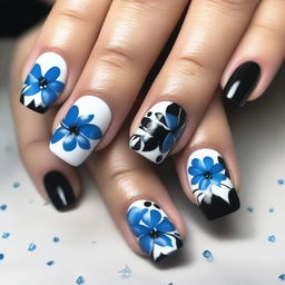 Create a nail design featuring black rhinestones and blue flowers on a white background