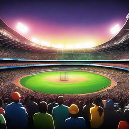 A dynamic cricket stadium with vibrant colors and an intense atmosphere