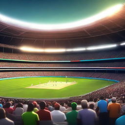 A dynamic cricket stadium with vibrant colors and an intense atmosphere