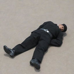 A military soldier, fully dressed in a black outfit, peacefully sleeping, sprawled out full length on the ground.