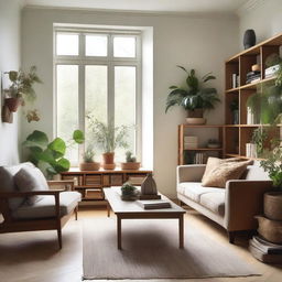 A cozy living room with comfortable furniture including a sofa, armchairs, coffee table, and bookshelves