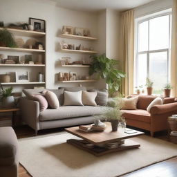 A cozy living room with comfortable furniture including a sofa, armchairs, coffee table, and bookshelves